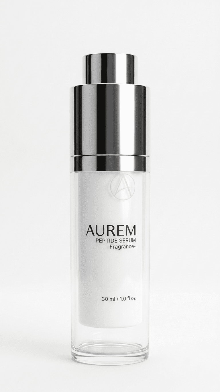 Aurem Lab Peptide Serum bottle on a warm neutral photoshoot set